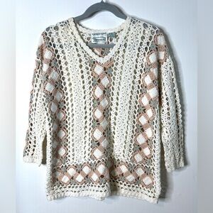 Shenanigans Crochet Top Sweater 3/4 Sleeves Boho Ramie Cotton SZ M  EUC